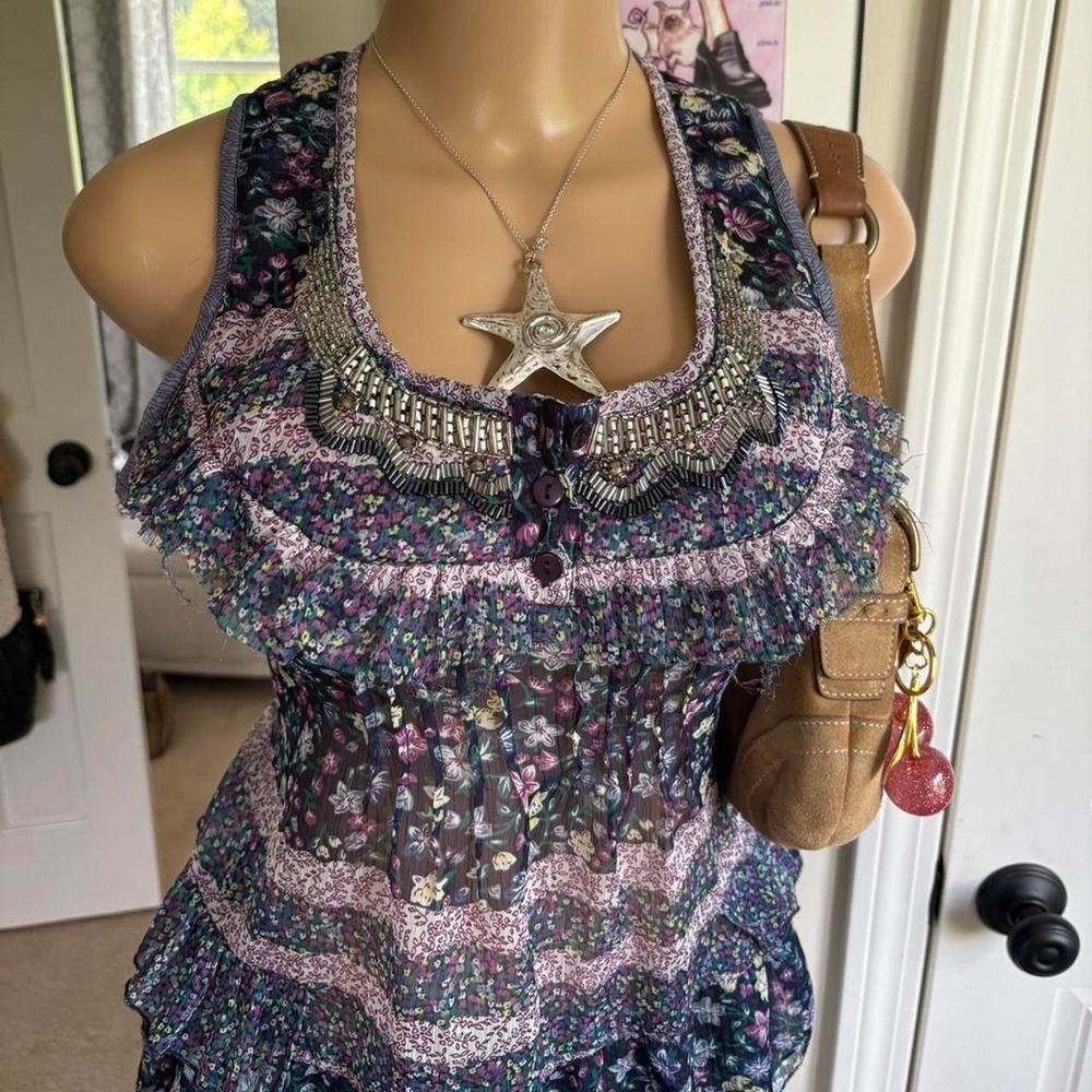 y2k 2000s fairy floral ruffle Henley tank top - Picture 3 of 7